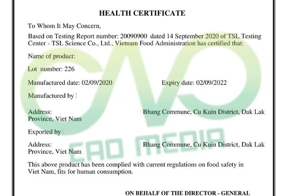 Xin giấy chứng nhận y tế cho chuối sấy dẻo xuất khẩu